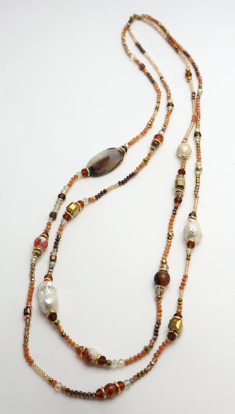 Collana lunga bronzo con pietre e perle
