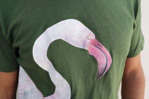 QUARTIERI T-Shirt Animals Verde con Fenicottero Rosa