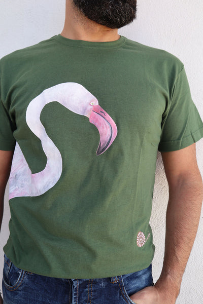QUARTIERI T-Shirt Animals Verde con Fenicottero Rosa