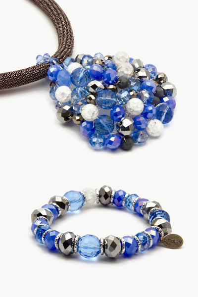 QUARTIERI Collana pendente, cristalli e pietre dure blu, regolabile.