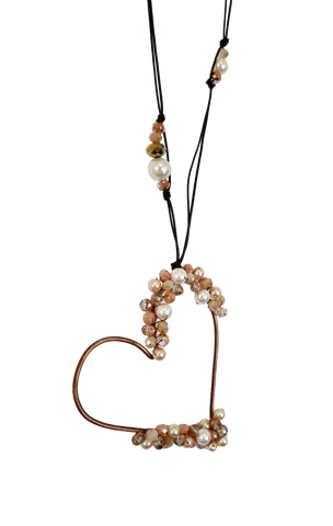 Collana pendente in rame a forma di cuore con cristalli e vetro di murano