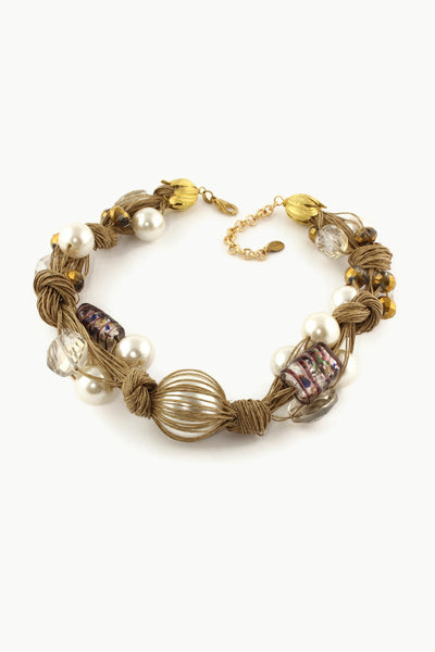 QUARTIERI Vintage Collana in materiali naturale, murano, lino grezzo, cristalli, 43cm