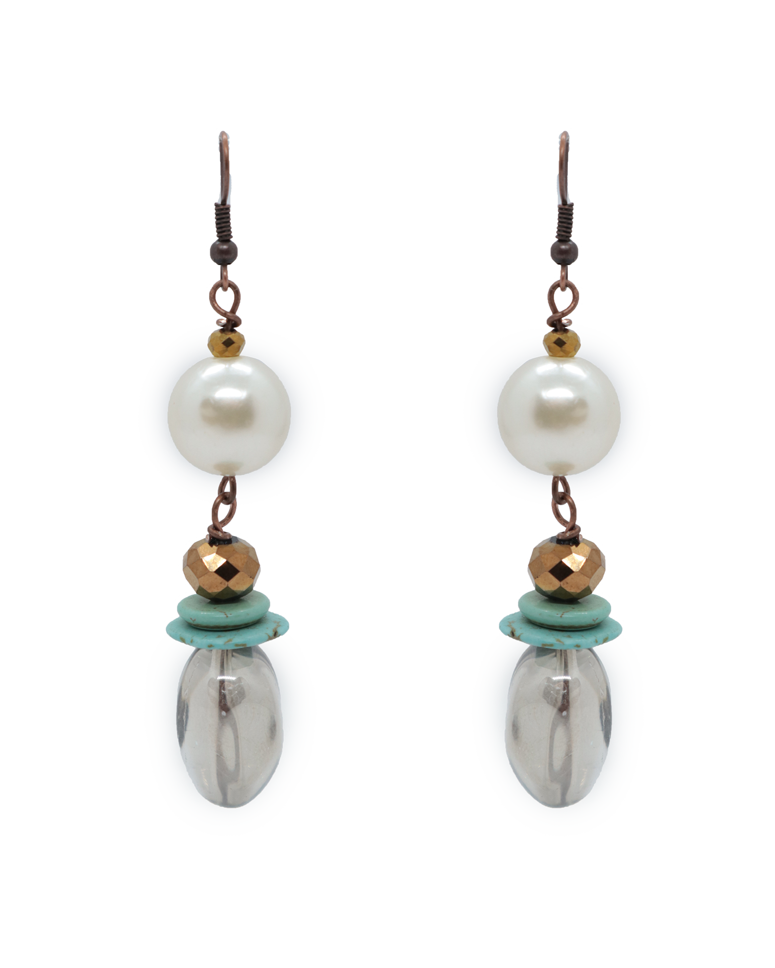 QUARTIERI Orecchini pendenti  con perla, turchesi e cristalli.