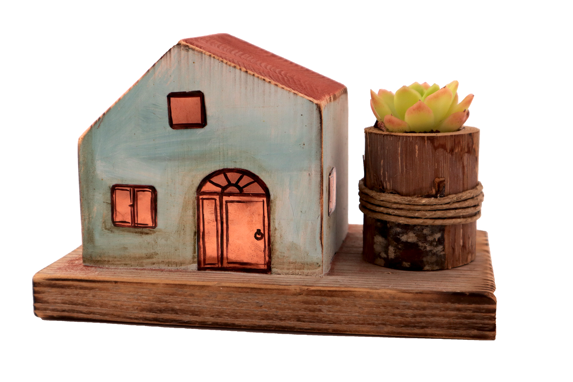 Casetta in legno colorato e piantina grassa