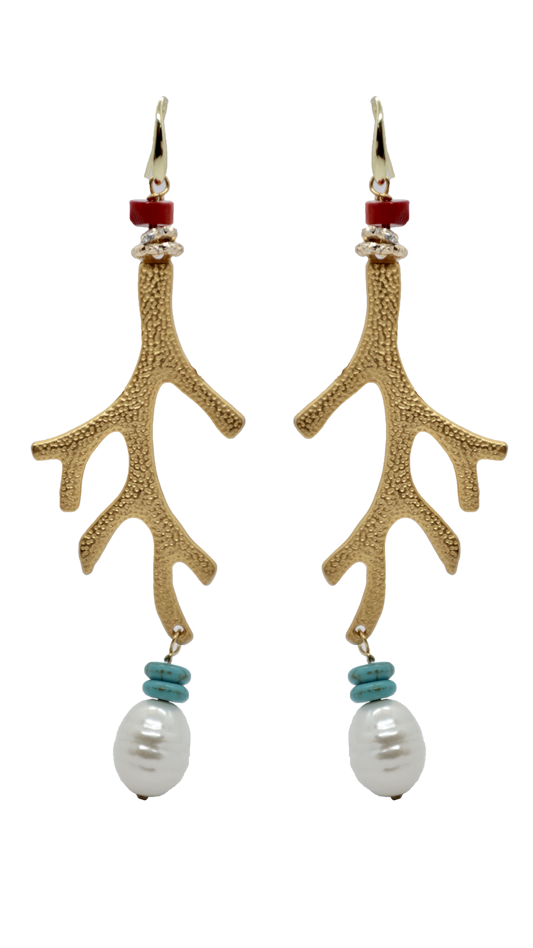 QUARTIERI Orecchini con corallo in ottone e perle di Maiorca