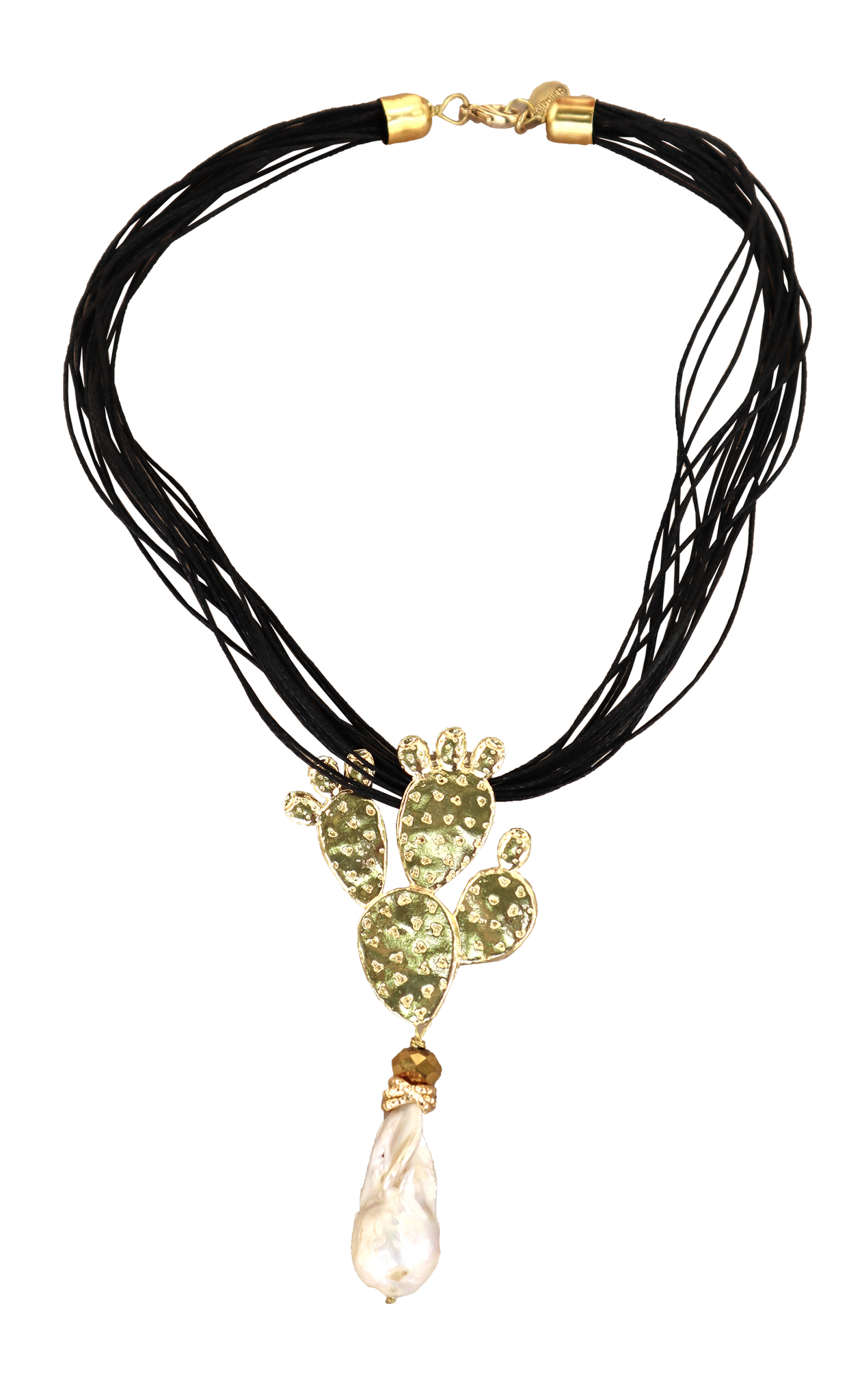 Collana torchon in lino con pendente in metallo e perla barocca